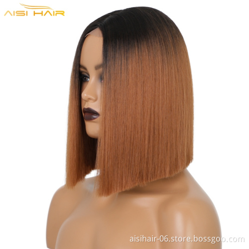 Aisi Short Bob Lace Front Wig for White Black Women 14 Inch Middle Part Straight Bob Wig Synthetic Black Color Wig